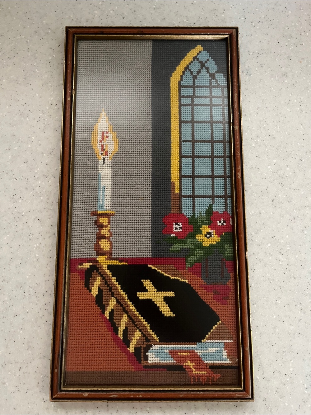 Framed Religious Theme Needlepoint Art Candle Bible Flowers Window Vtg 15.25x7.5